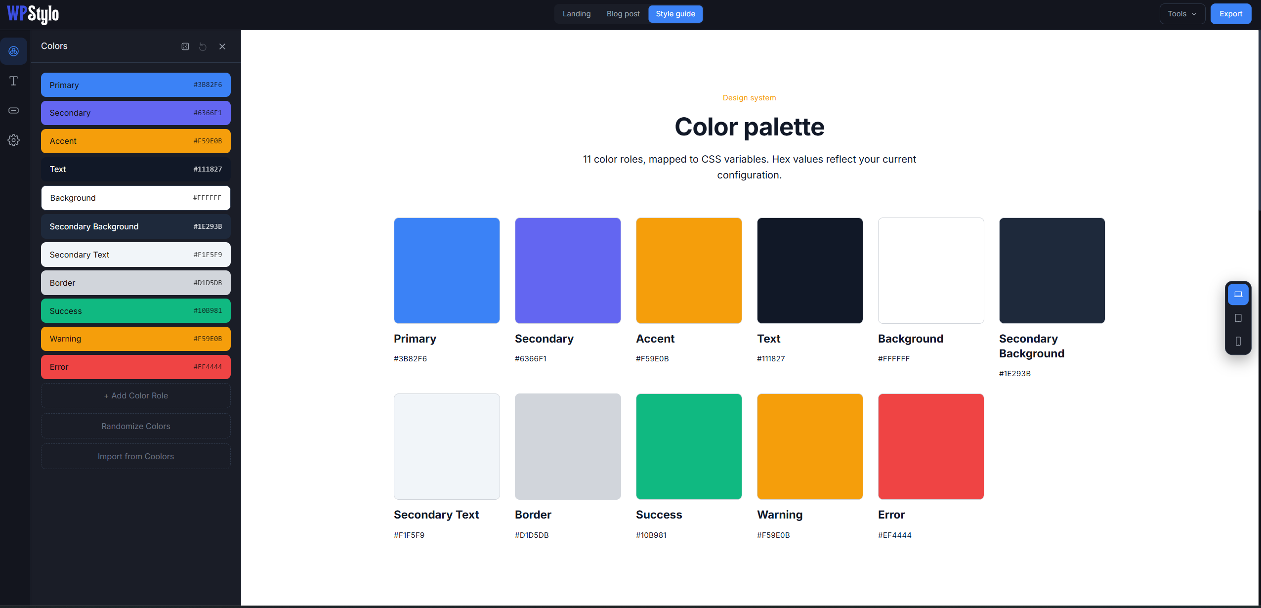 wpstylo features - preview of color tool