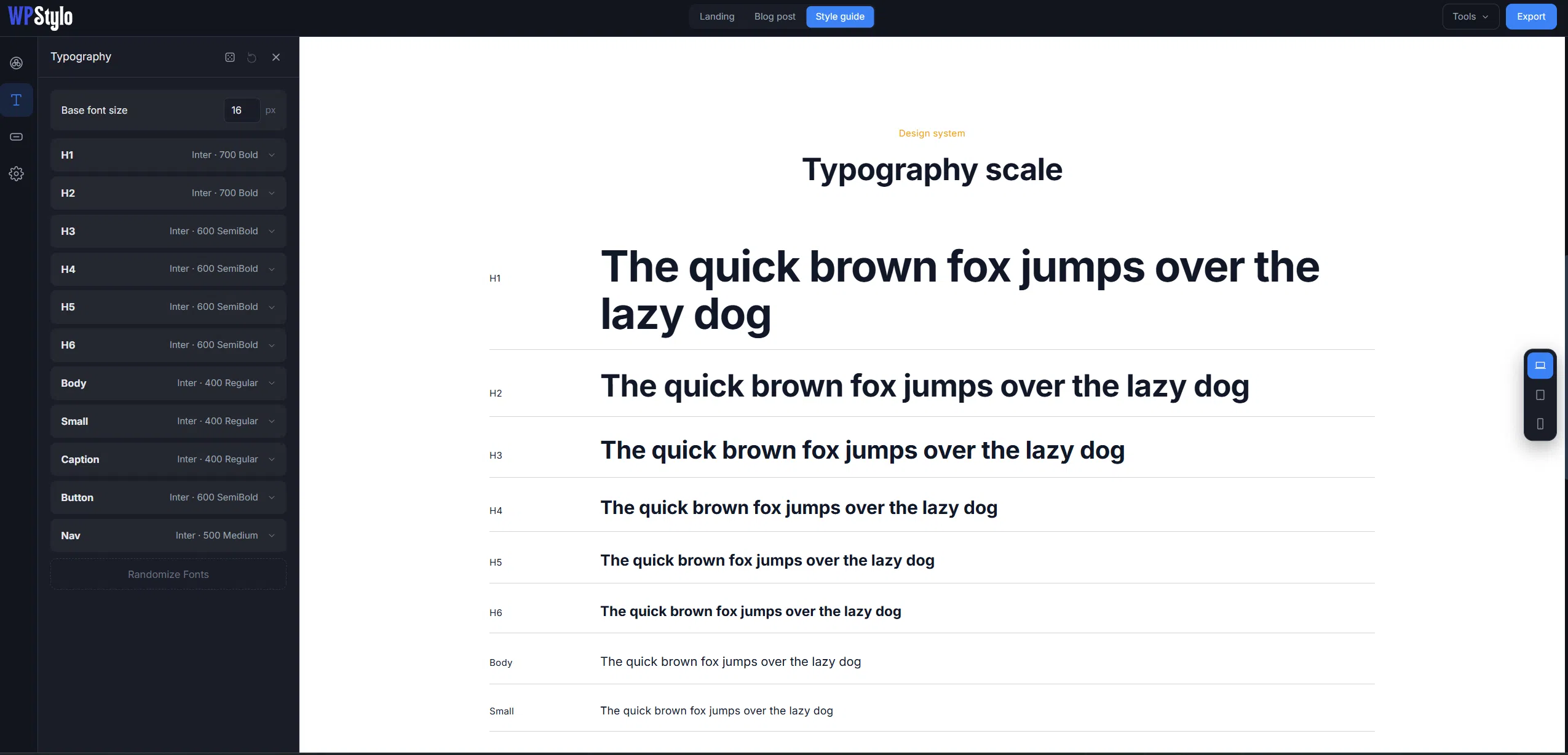 wpstylo app typo section