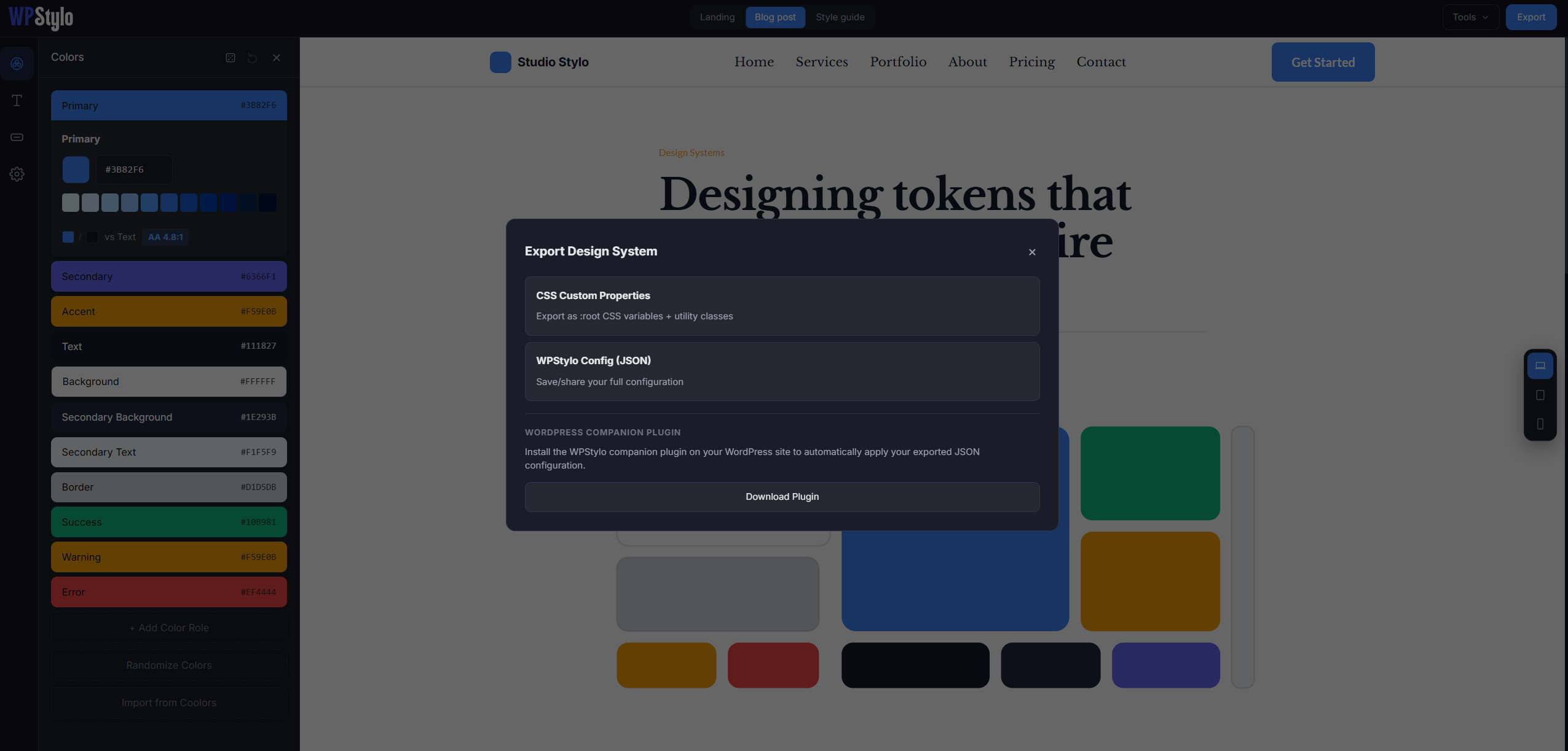 wpstylo features - preview of export system