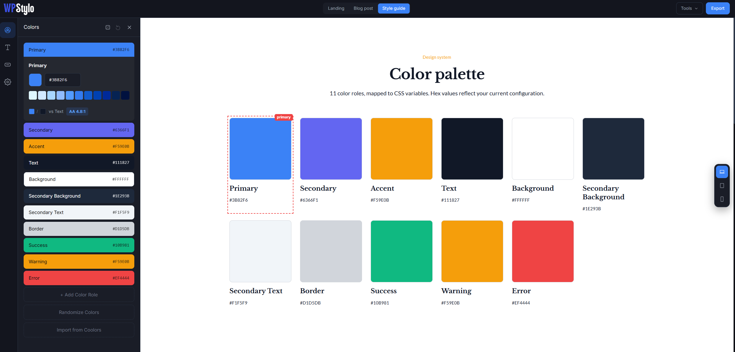 wpstylo features - preview of color tool