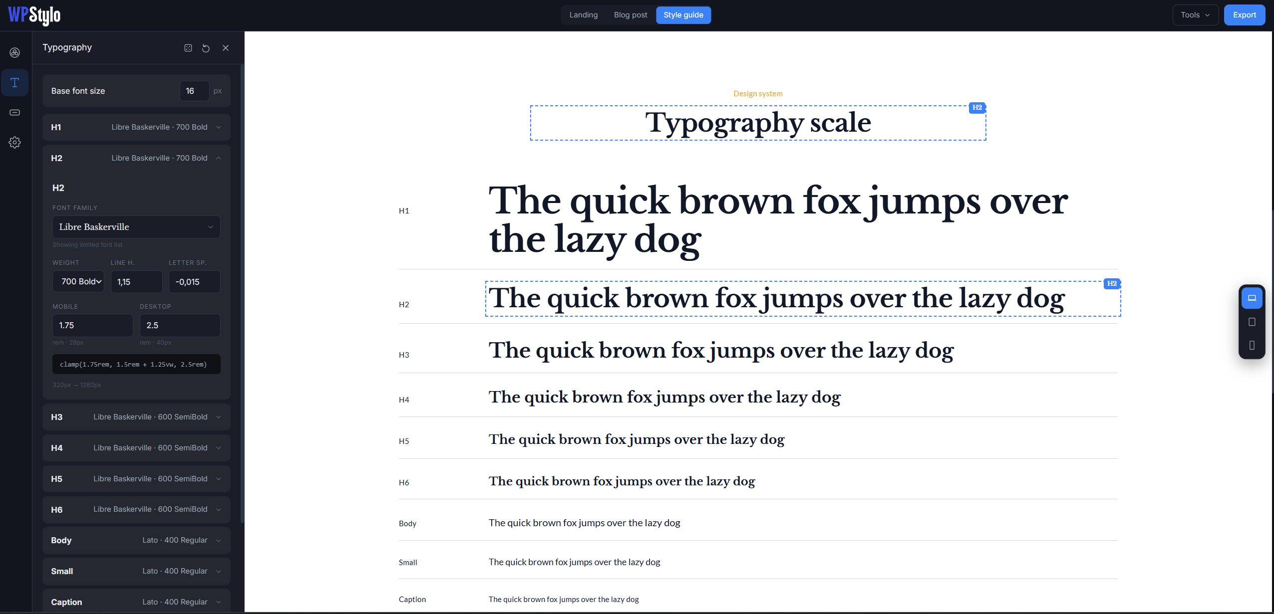 wpstylo feature - typography configurator