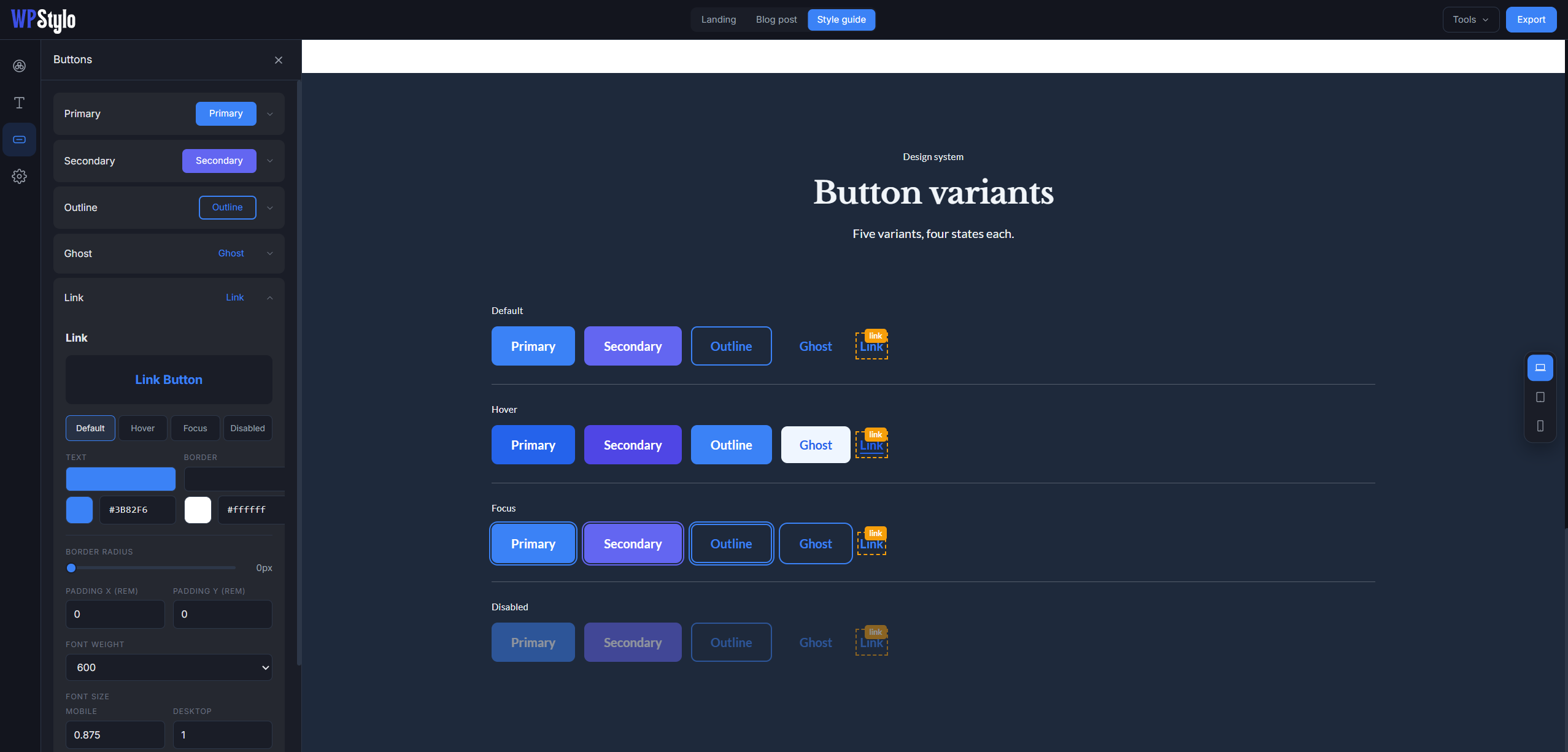 wpstylo features - preview of button management system